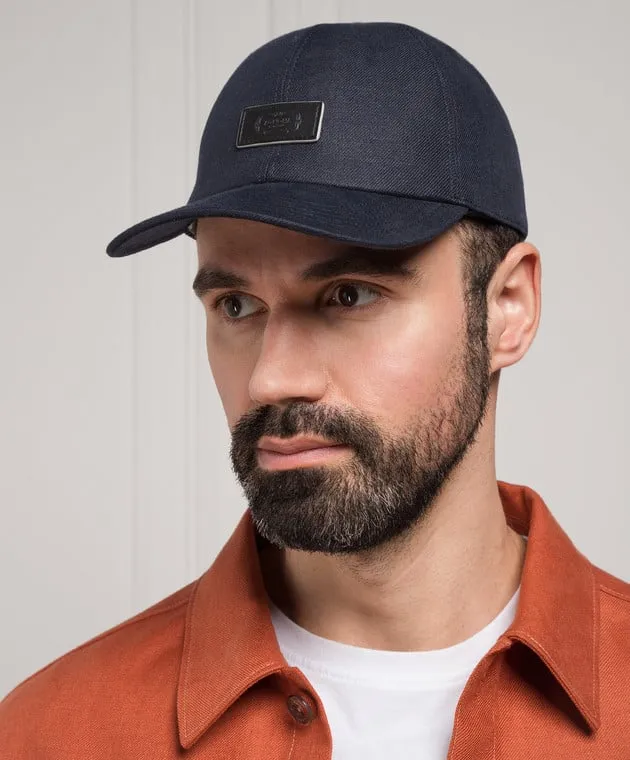 Agnona Blue linen cap with logo patch