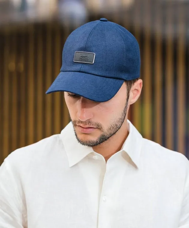 Agnona Blue linen cap with logo patch