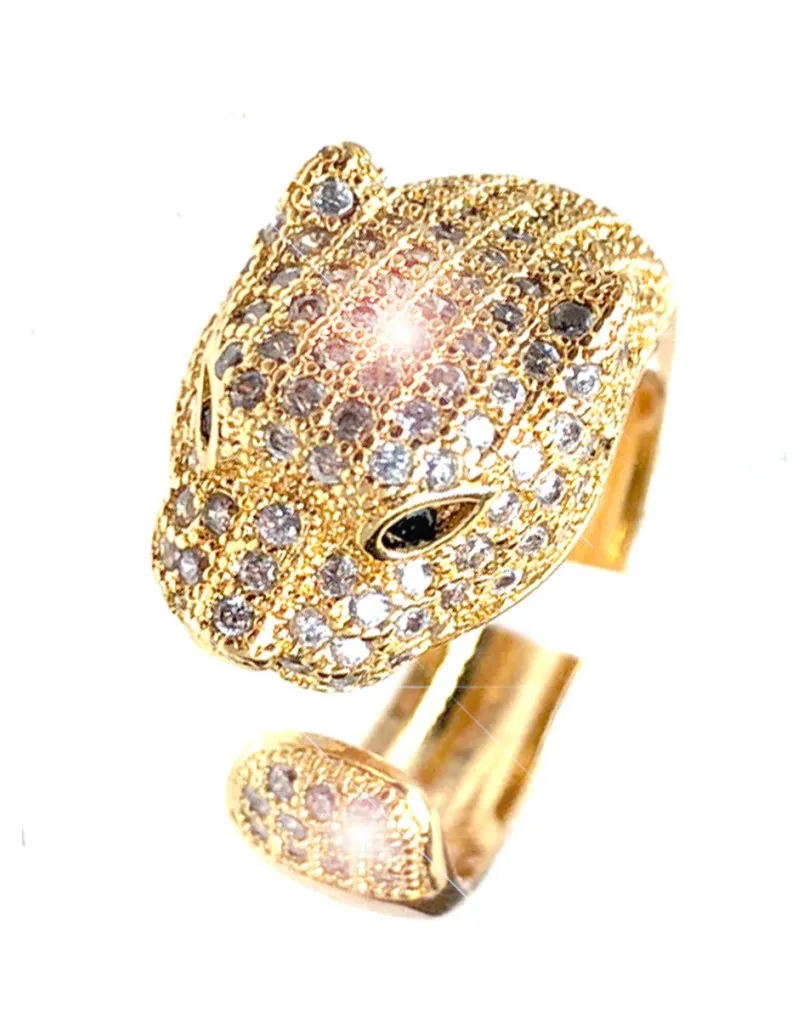 ANILLOS ELEGANTES DE PAVES COLOR ORO CON CABEZA DE LEOPARDO