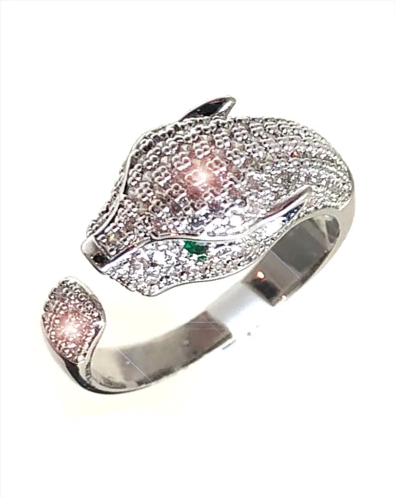 ANILLOS ELEGANTES DE PAVES COLOR PLATA CON CABEZA DE LEOPARDO