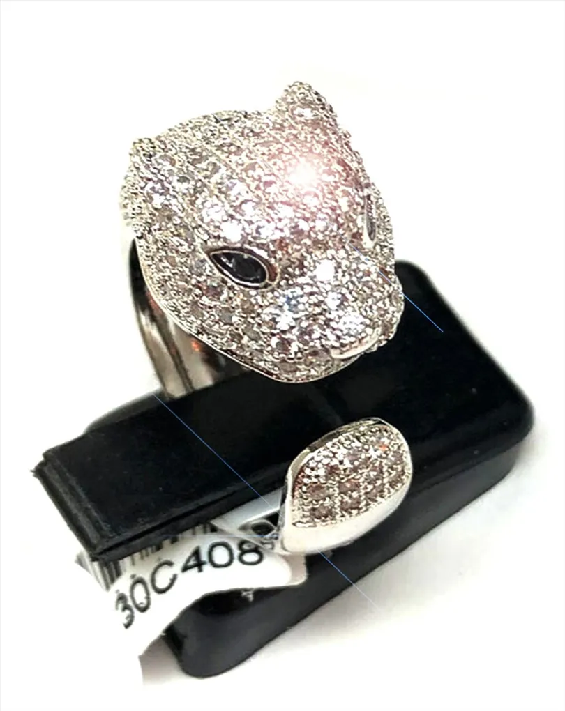 ANILLOS ELEGANTES DE PAVES COLOR PLATA CON CABEZA DE LEOPARDO