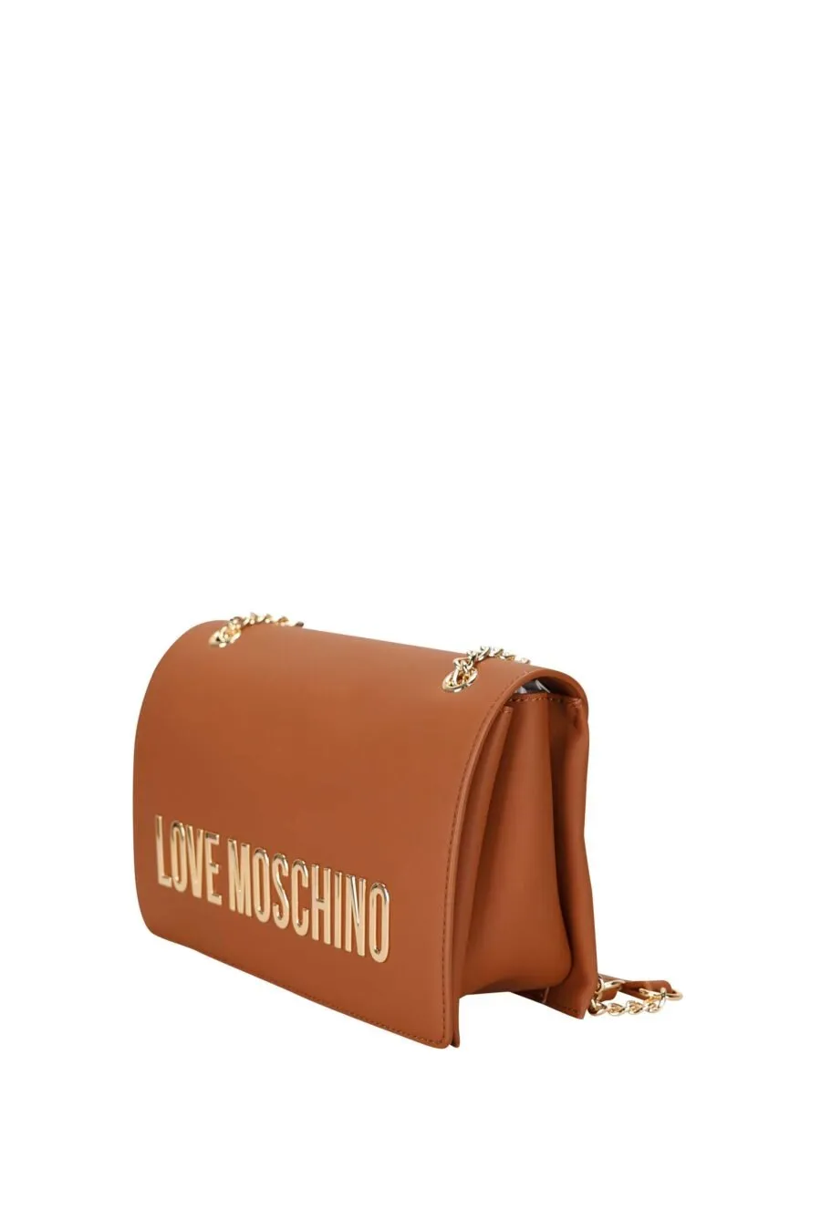 Bolso bandolera marrón con cadena dorada y maxilogo 