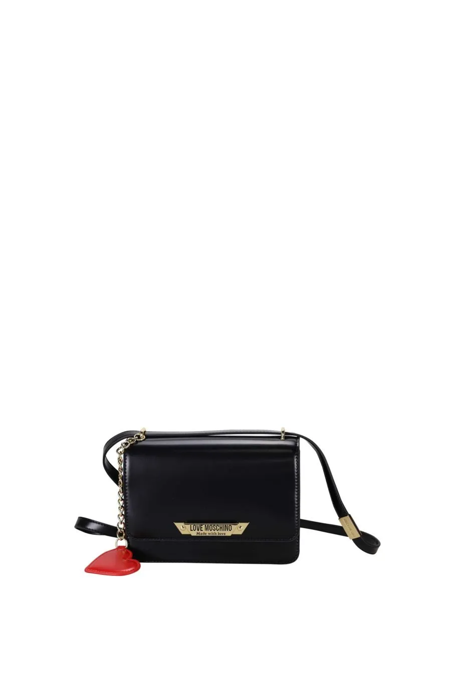 Bolso bandolera negro con corazón rojo y cadena dorada