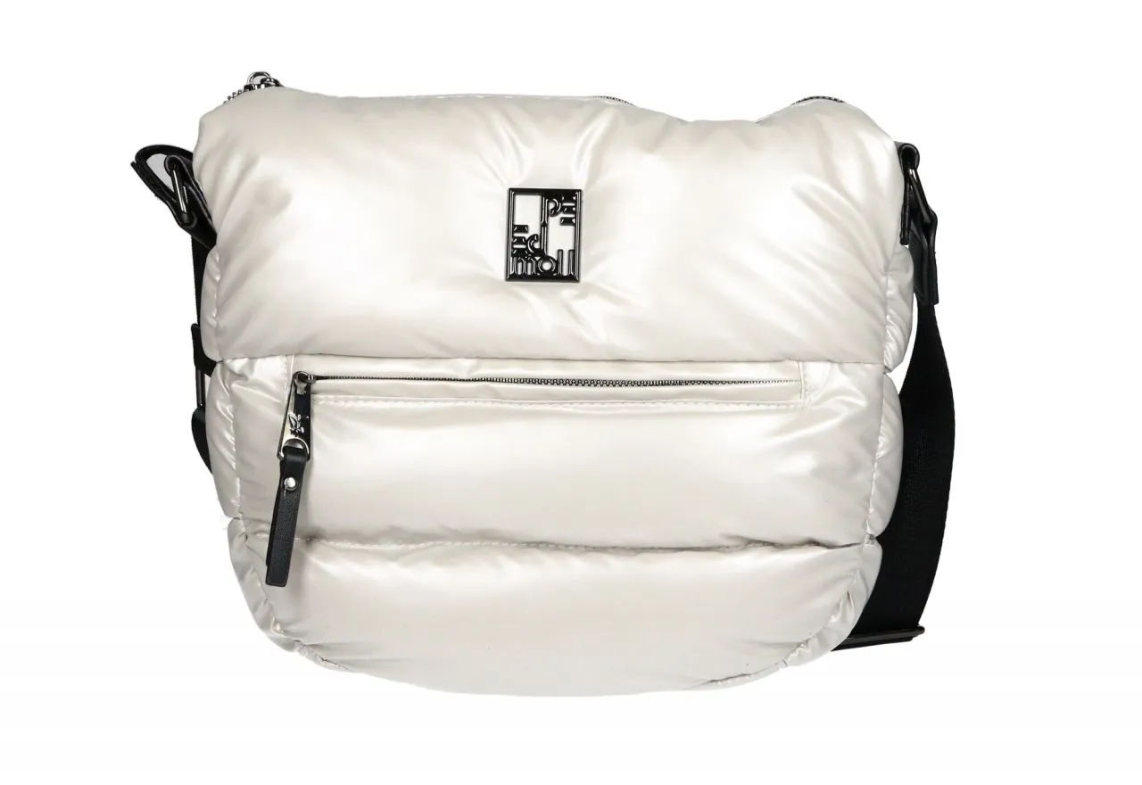 Bolso Enguatado Plata Bolsillos Asa Colgar Cinta Negra