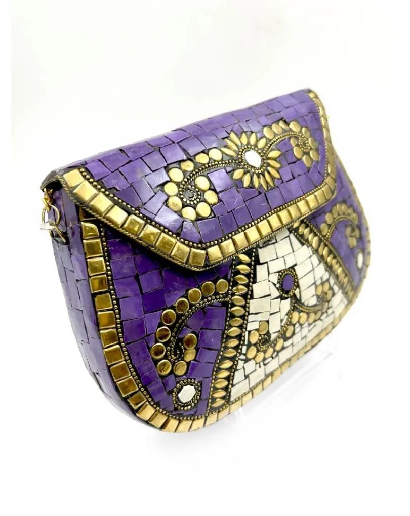 BOLSOS MORADOS DE FIESTA EN LATON CON MOSAICO DE PIEDRAS