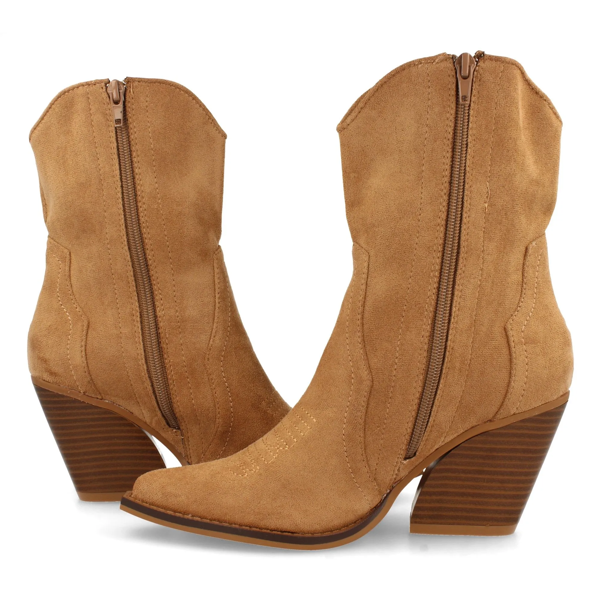 Botines cowboy tacón medio cosido mujer color camel