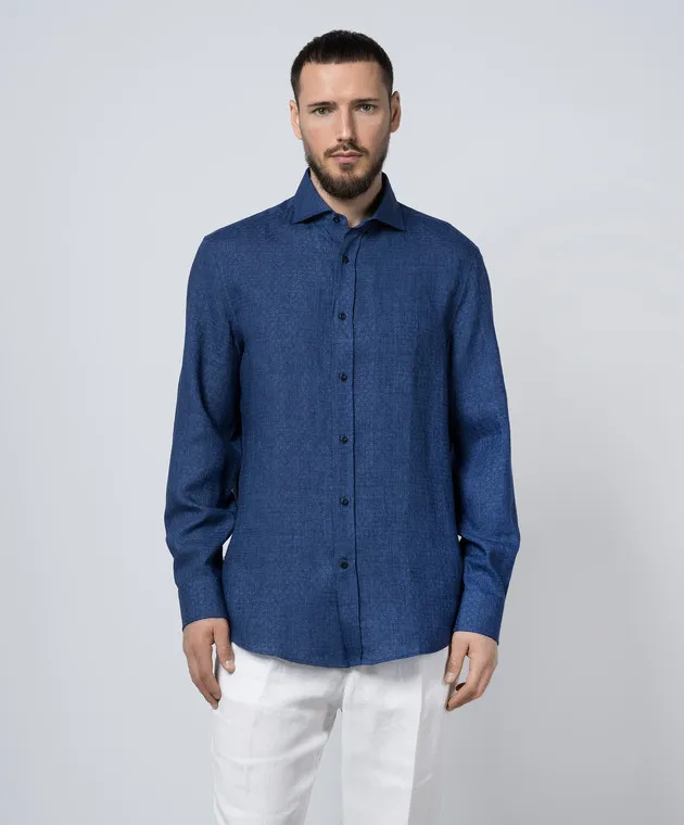 Brunello Cucinelli Blue patterned linen shirt