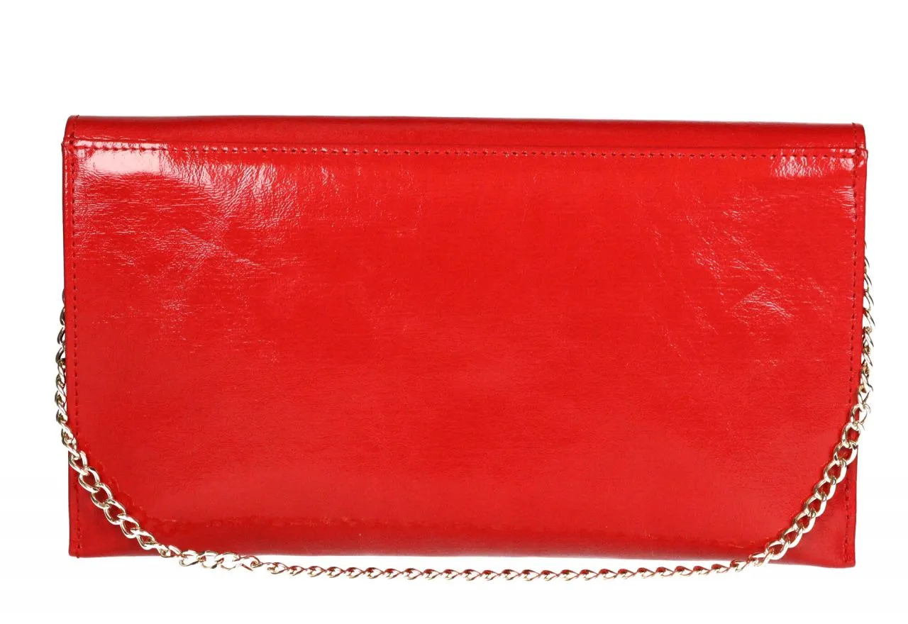 Cartera Mano Charol Roja Lisa Tapa Pico Cadena Eslabones Oro