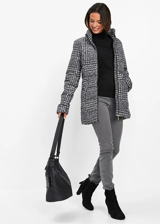Chaqueta guateada larga Negro/beige sílice de cuadros