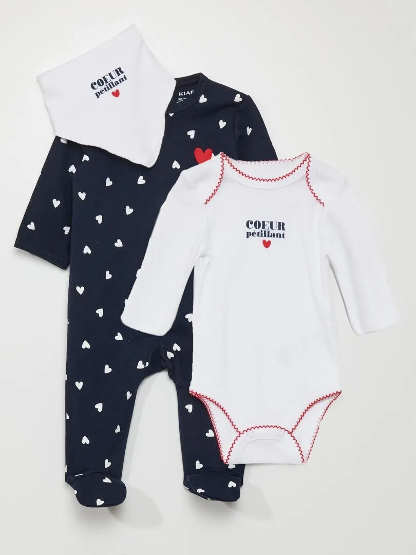 CONJUNTO DE BODY + PIJAMA  ESTAMPADO DE CORAZONES  BLANCO