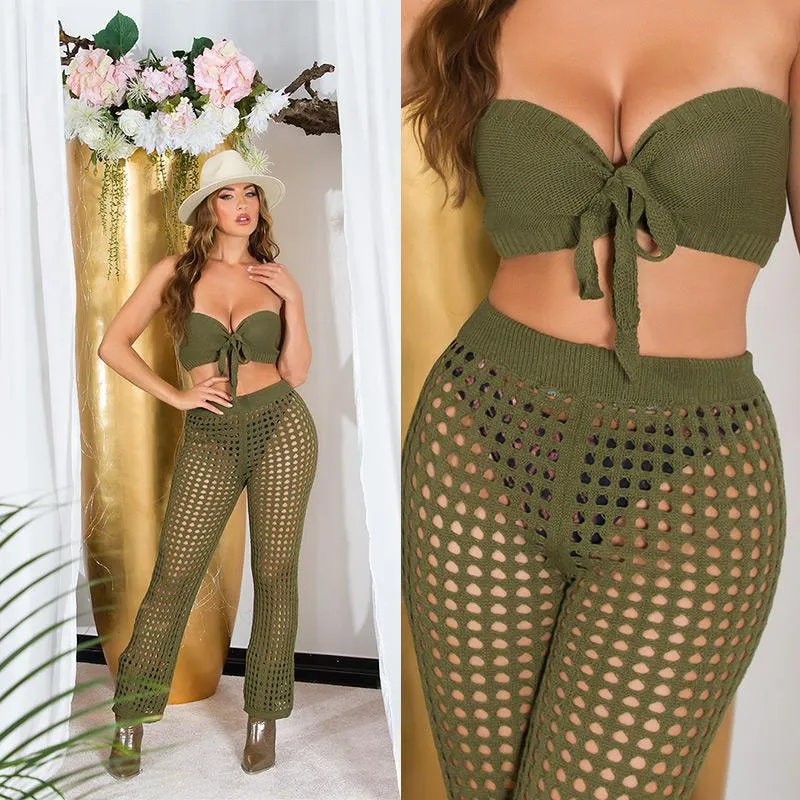Conjunto de Pantalón y Top Crochet khaki