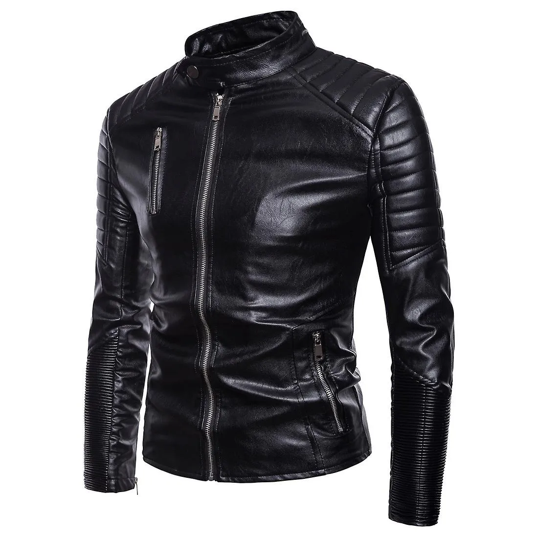 DRUPUM MENS NEGRO CASUAL SIMPLE CREMALLERA ADELGAZANTE MOTOBIKE PU CHAQUETAS DE CUERO ABRIGOS DE MANGA LARGA TALLA EUROPEA SXXL