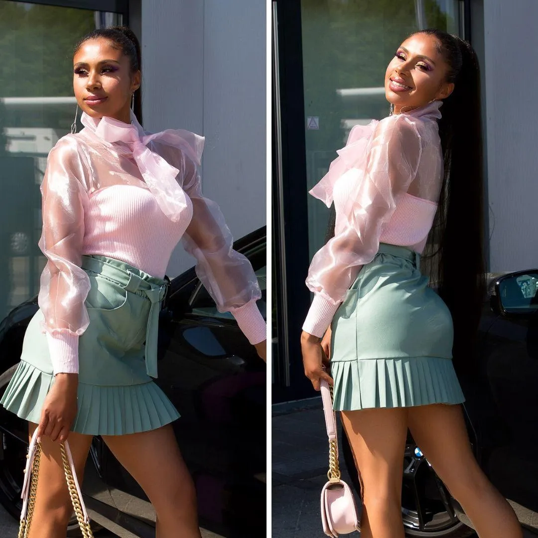 Falda de cuero plisada khaki