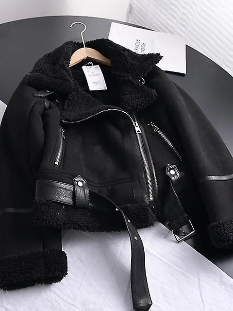 Invierno Mujer Gruesa Cálida Gamuza Cordero Chaqueta Corto Motocicleta Marrón Abrigos Falsos Piel de oveja Chaquetas de Cuero Ro