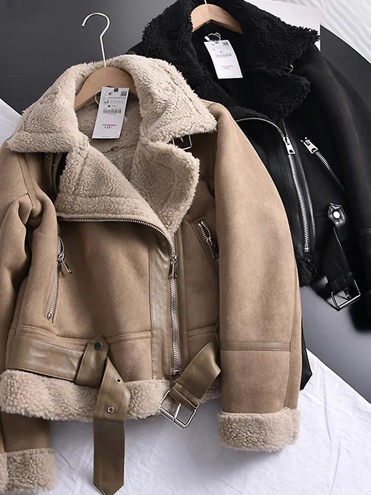 Invierno Mujer Gruesa Cálida Gamuza Cordero Chaqueta Corto Motocicleta Marrón Abrigos Falsos Piel de oveja Chaquetas de Cuero Ro