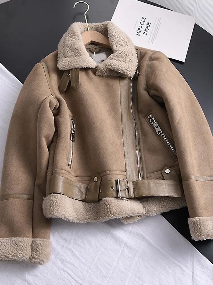 Invierno Mujer Gruesa Cálida Gamuza Cordero Chaqueta Corto Motocicleta Marrón Abrigos Falsos Piel de oveja Chaquetas de Cuero Ro