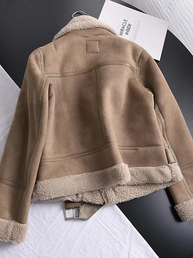 Invierno Mujer Gruesa Cálida Gamuza Cordero Chaqueta Corto Motocicleta Marrón Abrigos Falsos Piel de oveja Chaquetas de Cuero Ro