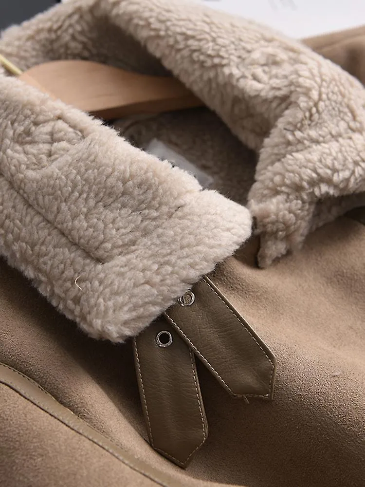 Invierno Mujer Gruesa Cálida Gamuza Cordero Chaqueta Corto Motocicleta Marrón Abrigos Falsos Piel de oveja Chaquetas de Cuero Ro