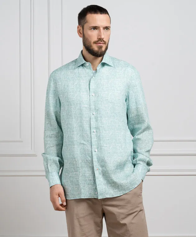 ISAIA Green shirt made of linen in a print