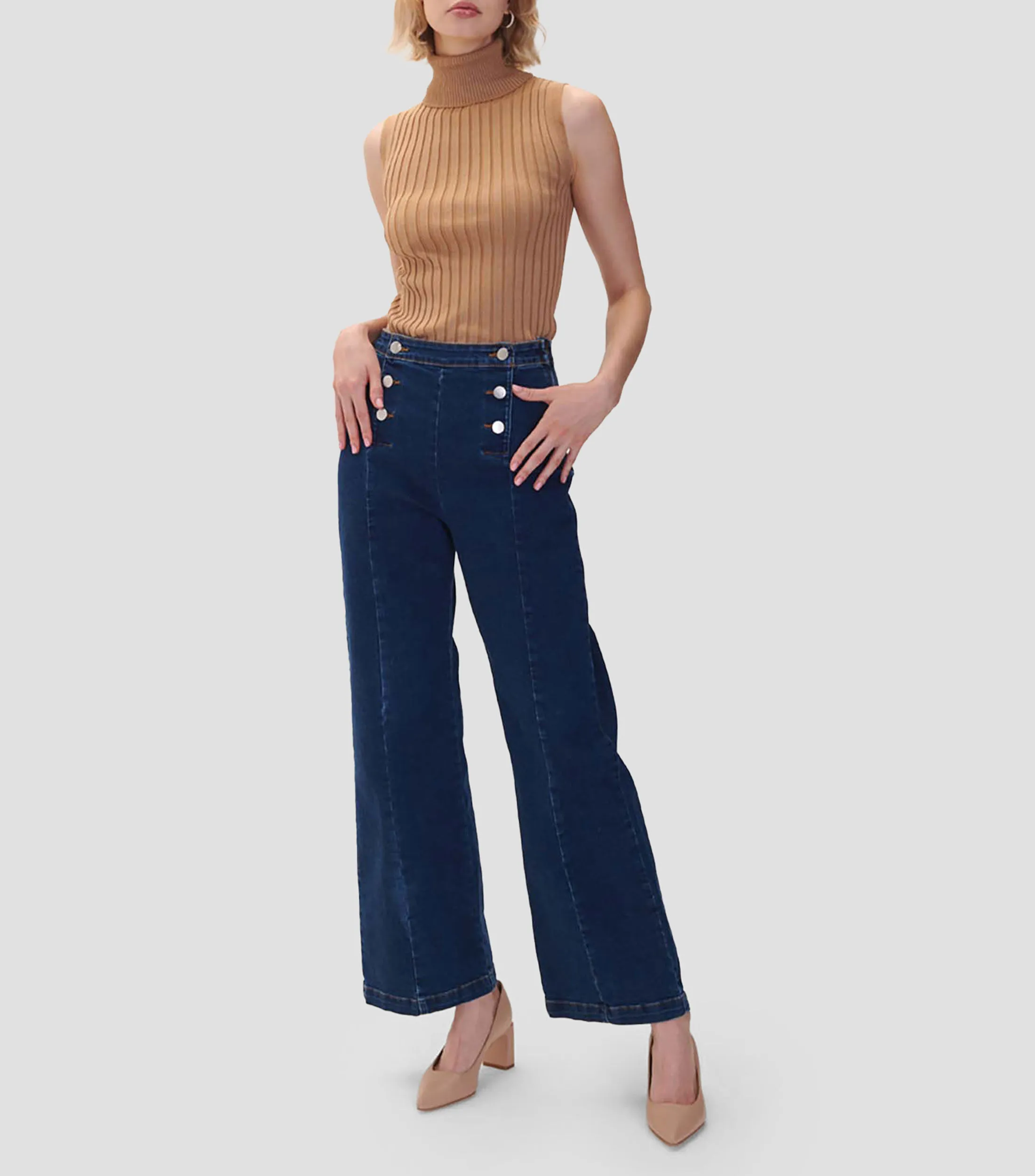 Julio Jeans Wideleg Tiro Alto Botones Delanteros Mujer