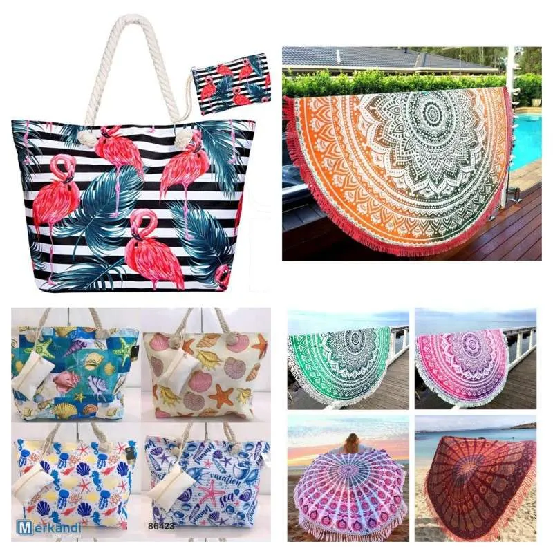 Lote Surtido de Verano 2022: Bolsos de Playa y Pareos Redondos XXL al Por Mayor