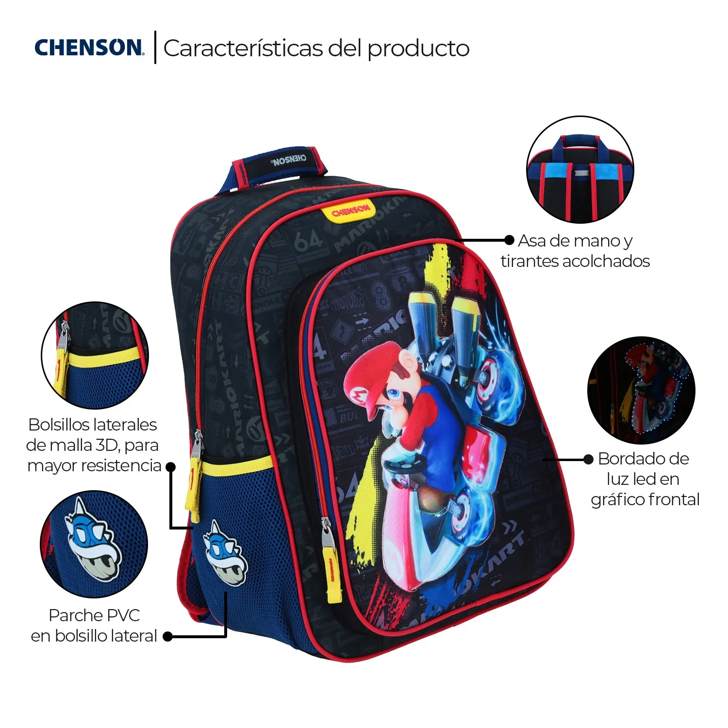 Mochila Con Luces Led Mario Kart Negra Chenson