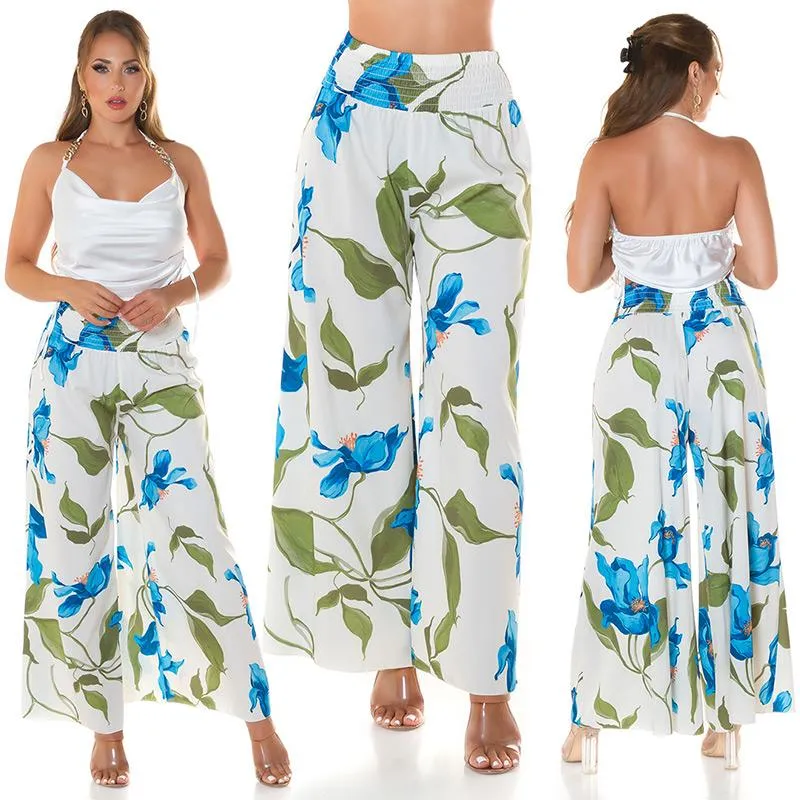 Moda verano pantalón de flores Turquesa