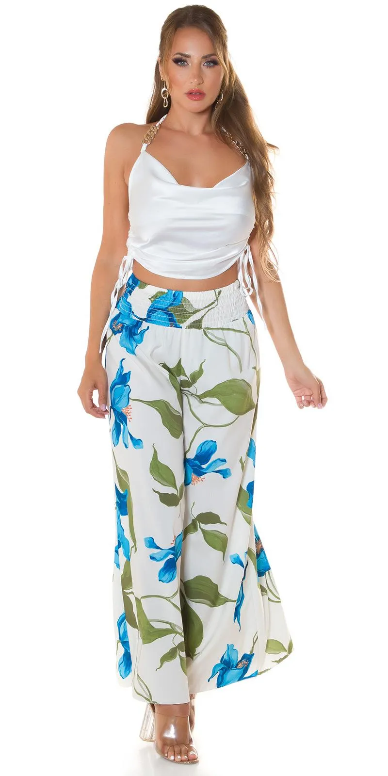 Moda verano pantalón de flores Turquesa