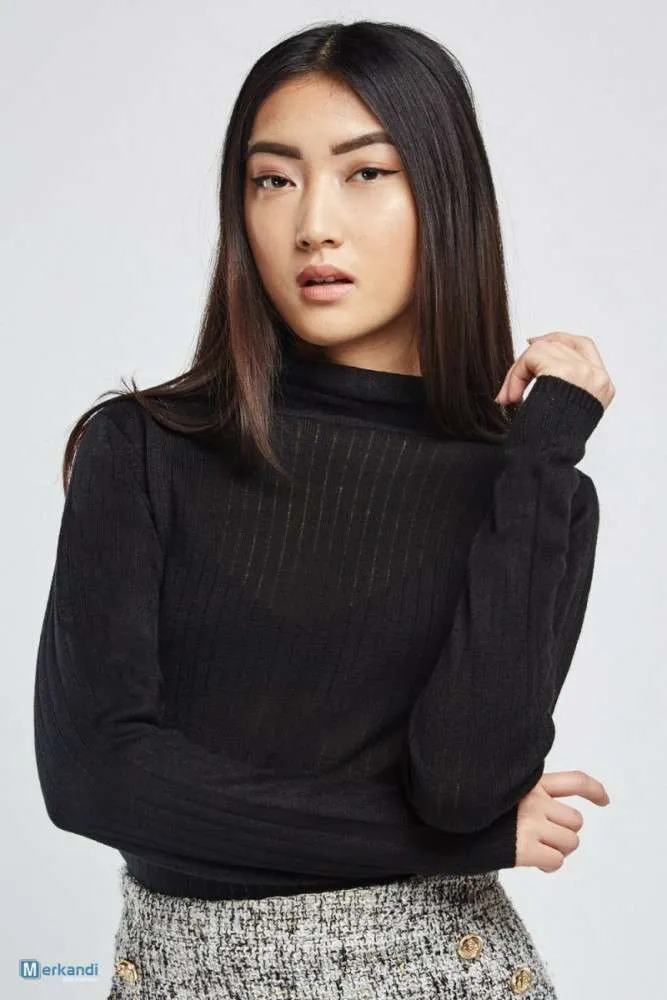 Mujer Cuello Alto Cuello Manga Larga Camisetas De Punto Elástico