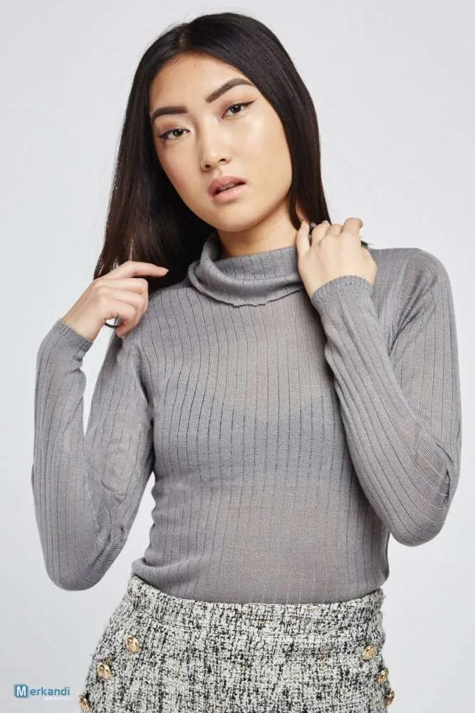 Mujer Cuello Alto Cuello Manga Larga Camisetas De Punto Elástico