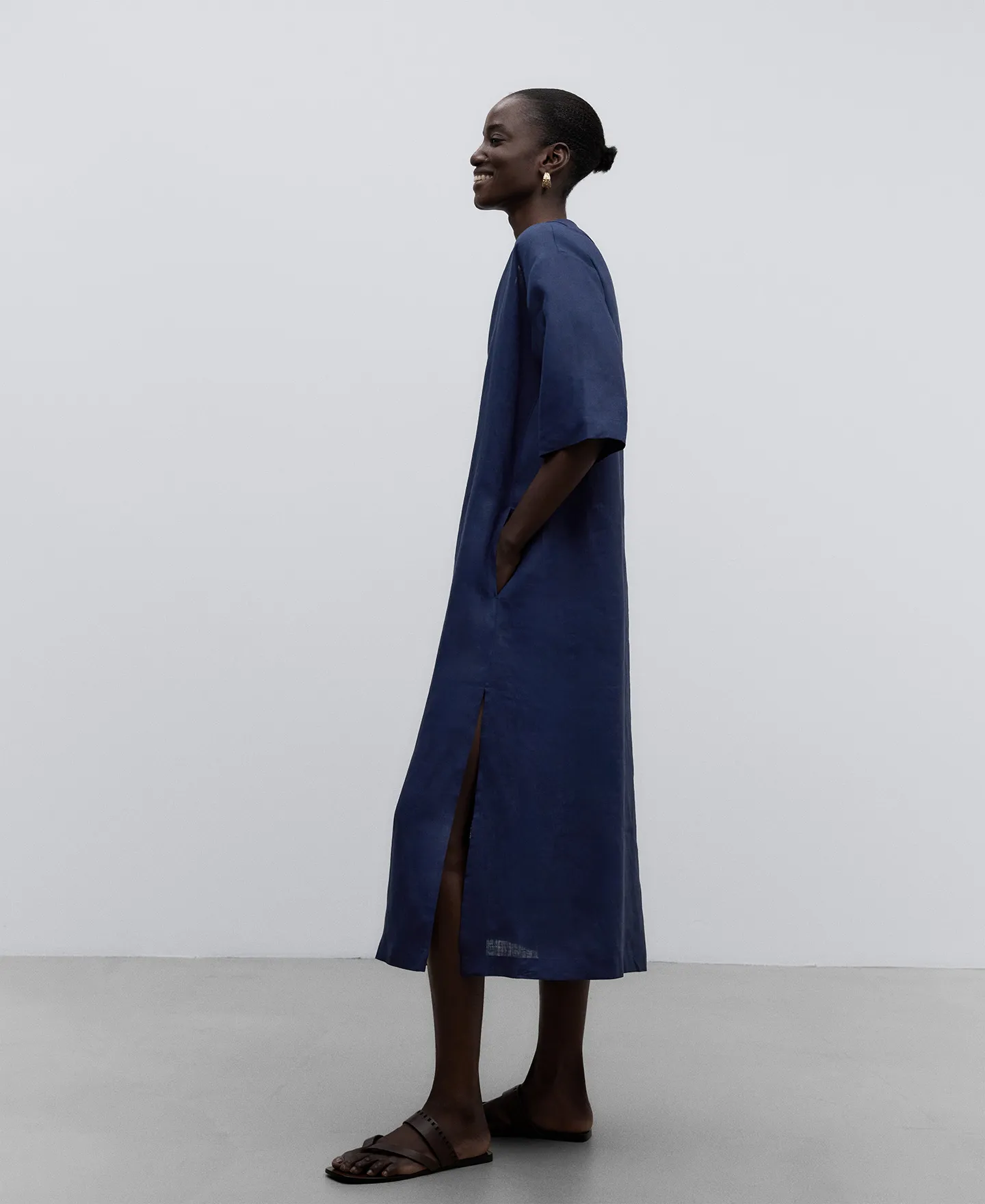 Navy blue linen dress woman