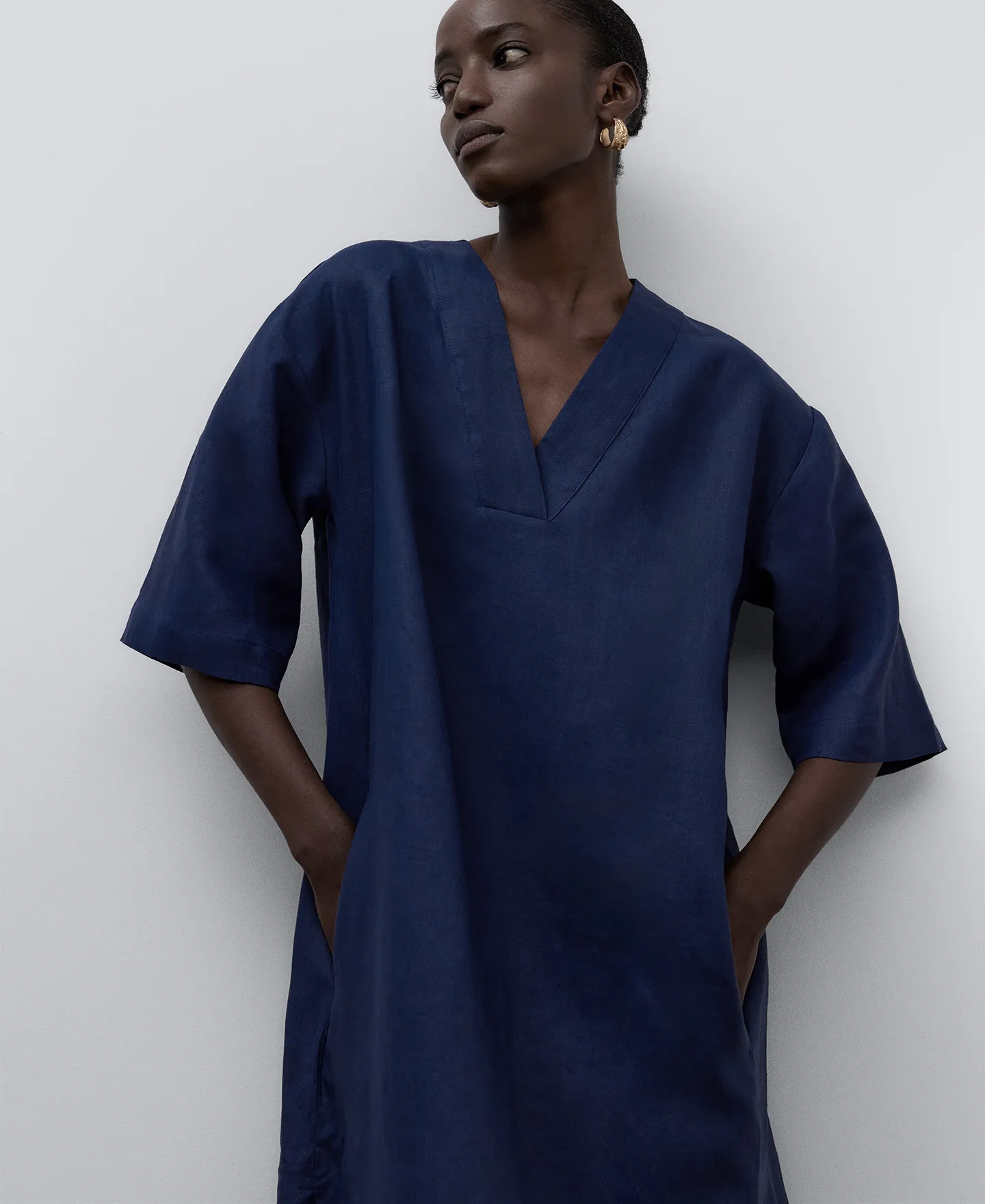 Navy blue linen dress woman