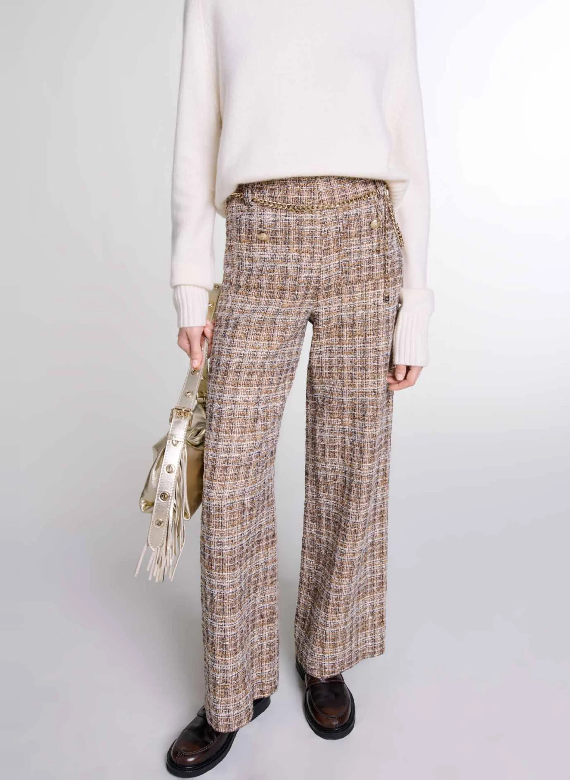 Pantalón ancho de tweed en marron