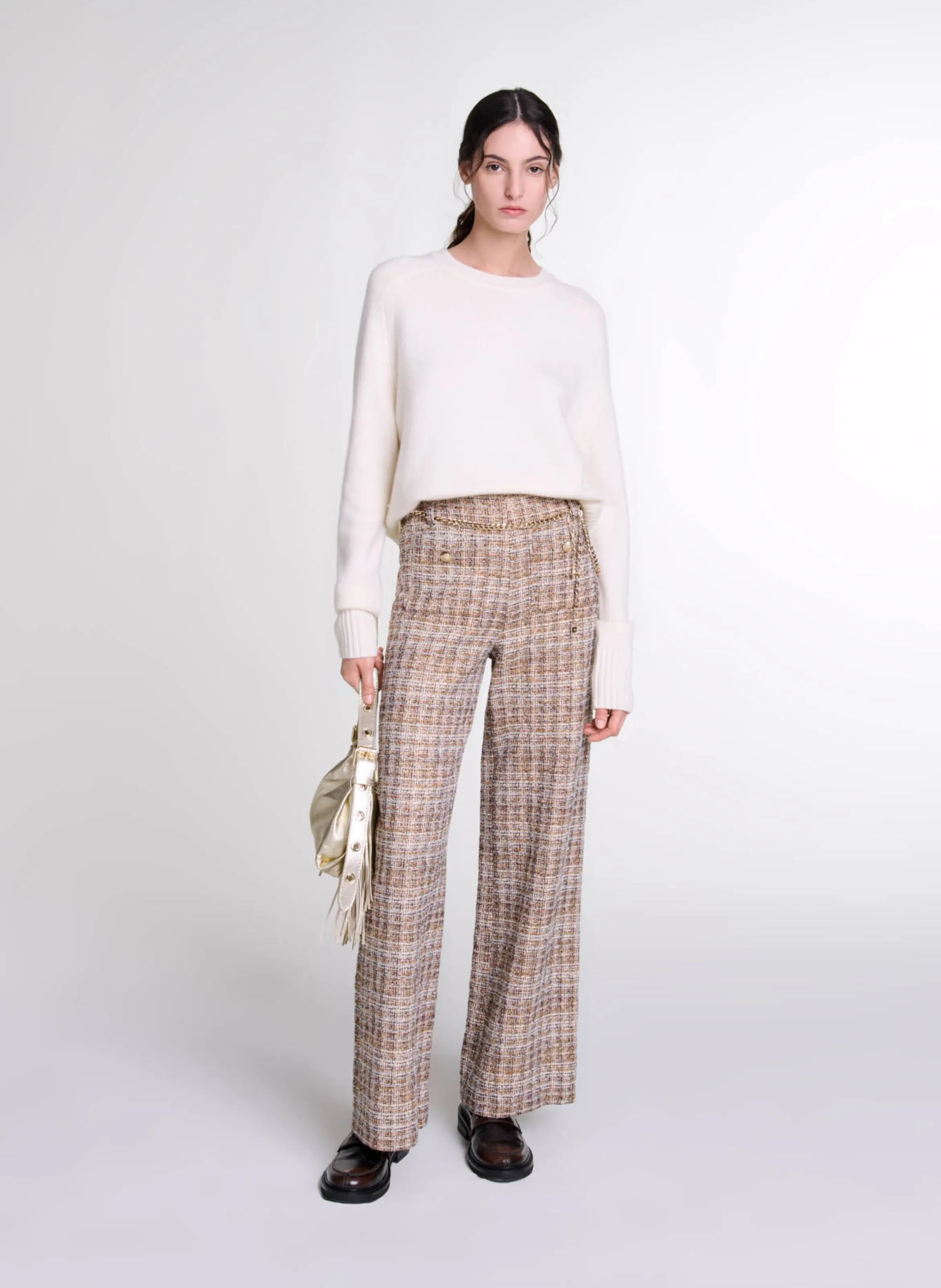 Pantalón ancho de tweed en marron