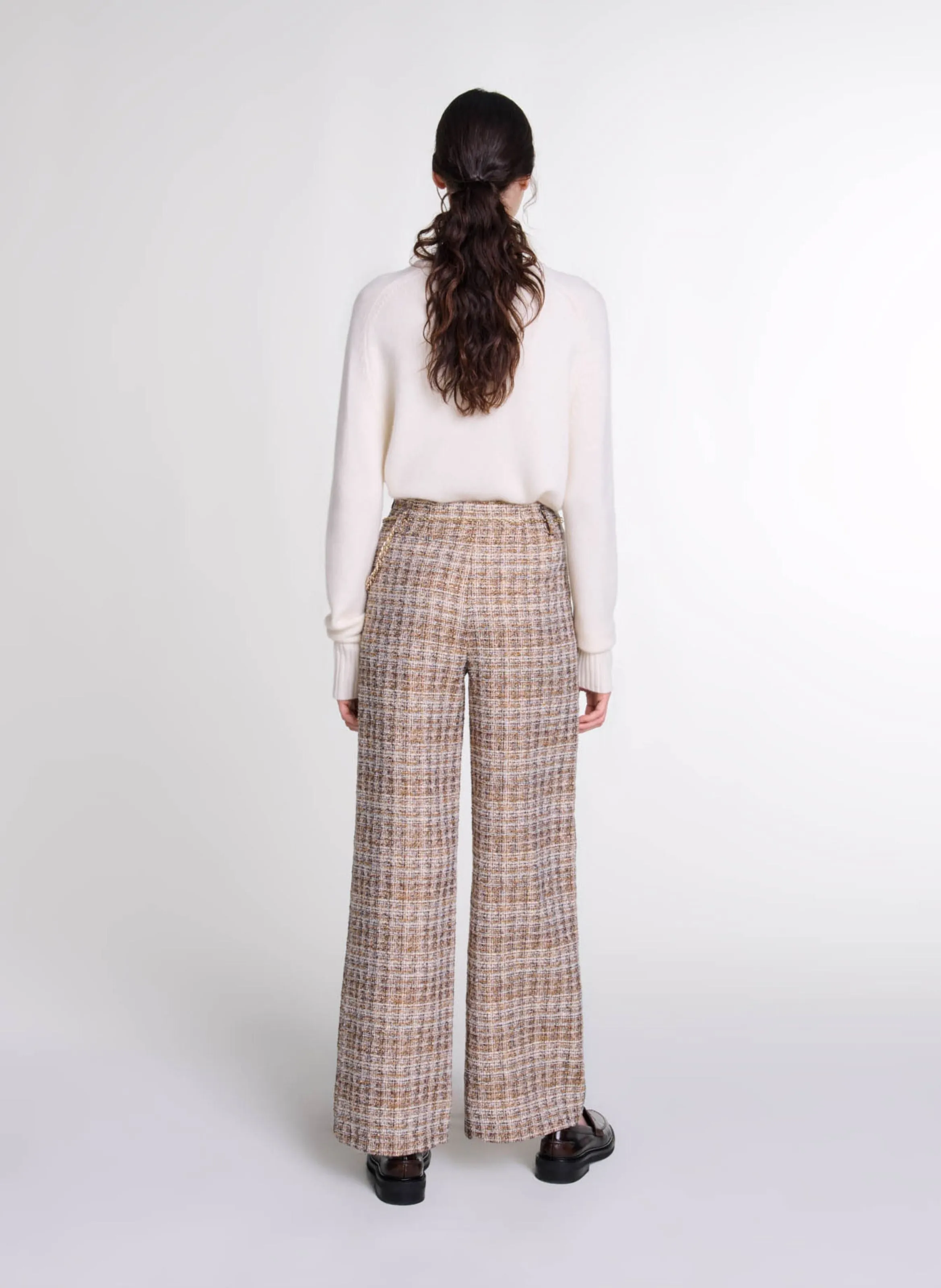 Pantalón ancho de tweed en marron