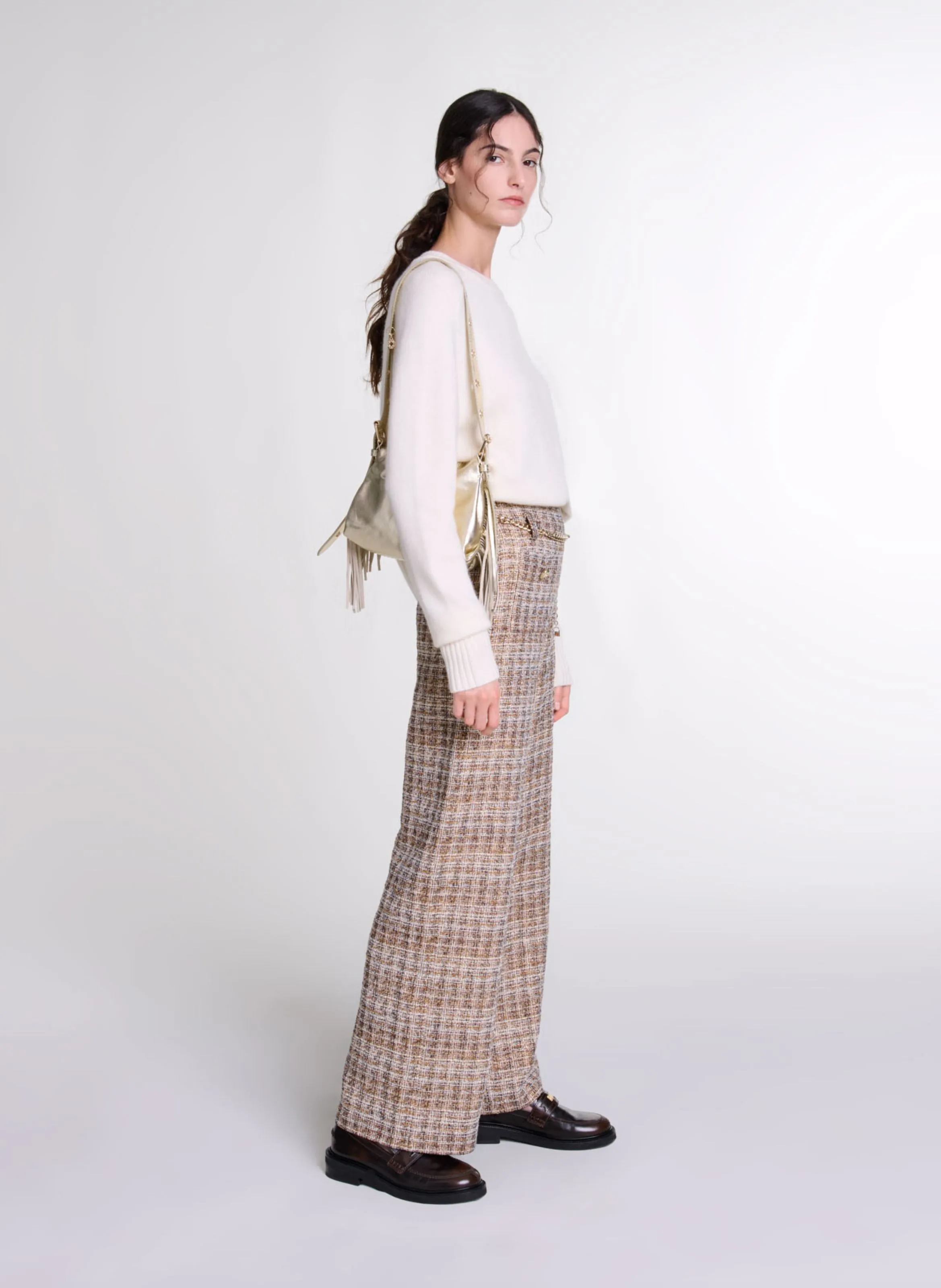 Pantalón ancho de tweed en marron