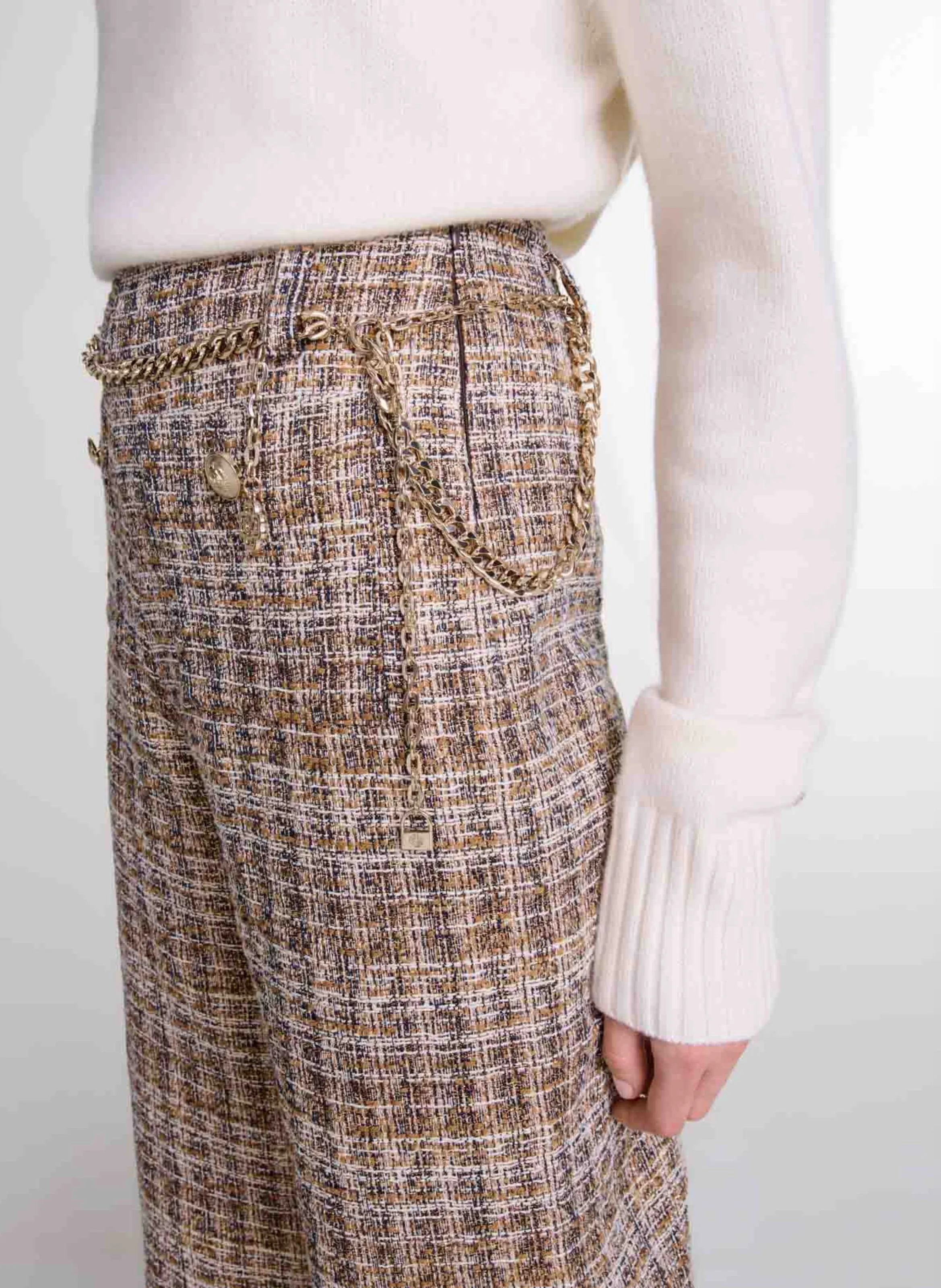 Pantalón ancho de tweed en marron