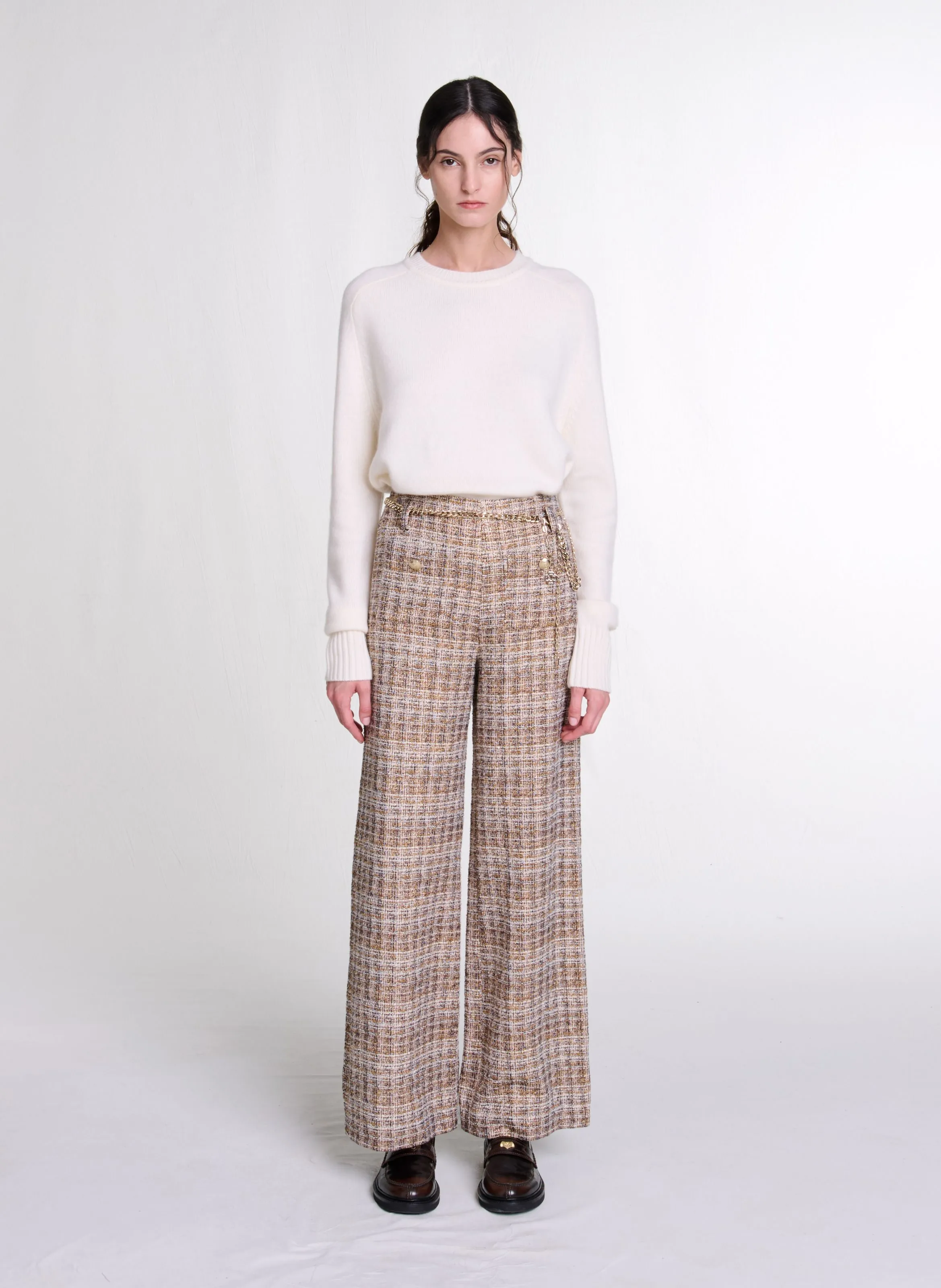 Pantalón ancho de tweed en marron