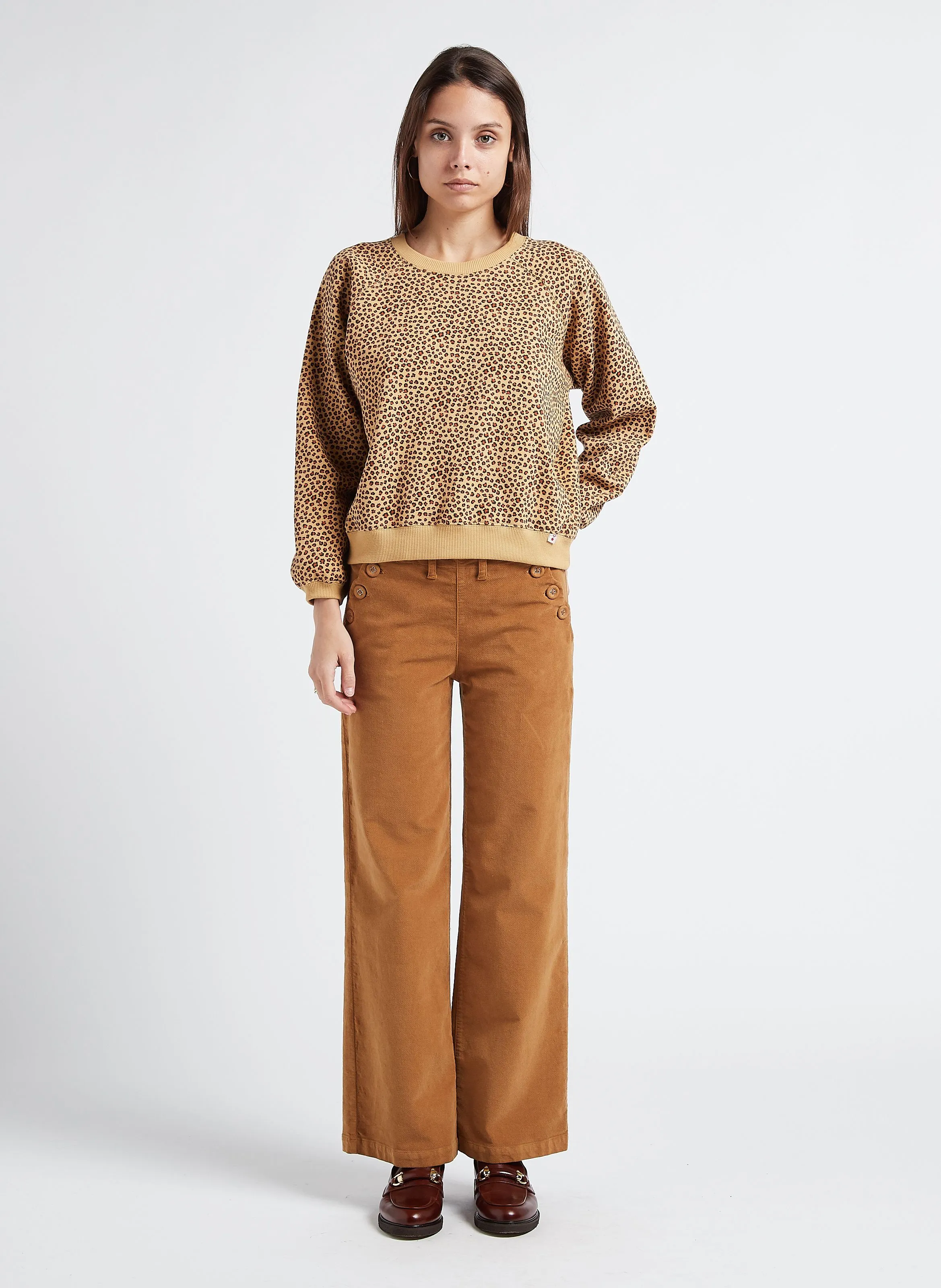 Pantalón recto de algodón efecto terciopelo en marron
