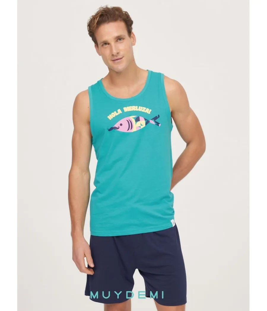 Pijama hombrera verano hombre Muidemi verde algodón