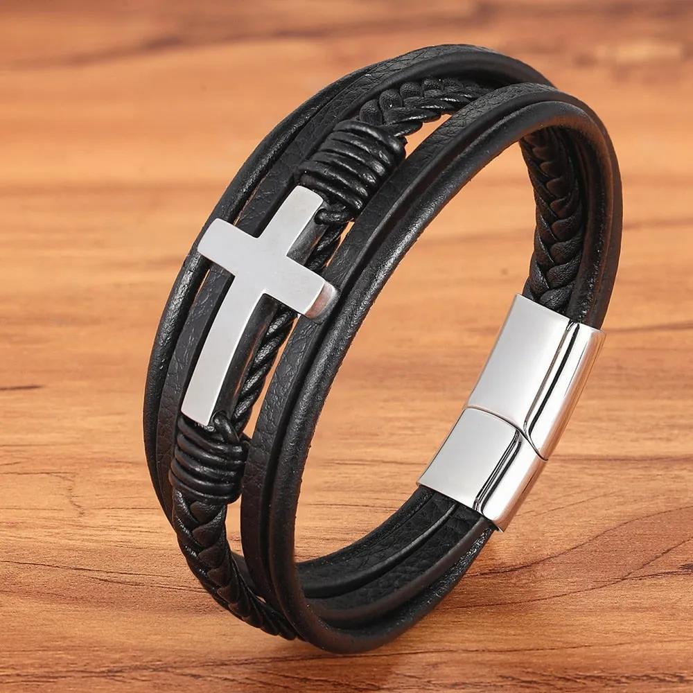 Pulsera De Cuero y Acero Inoxidable Para Hombre