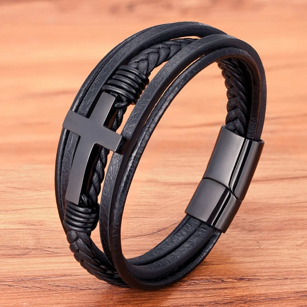 Pulsera De Cuero y Acero Inoxidable Para Hombre