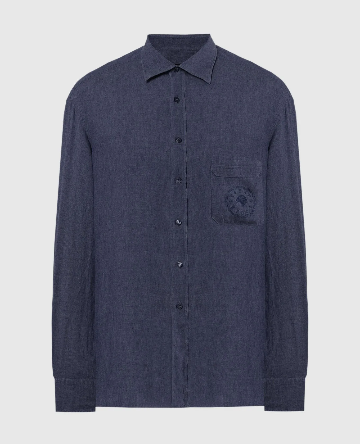Stefano Ricci Blue linen shirt with logo emblem embroidery