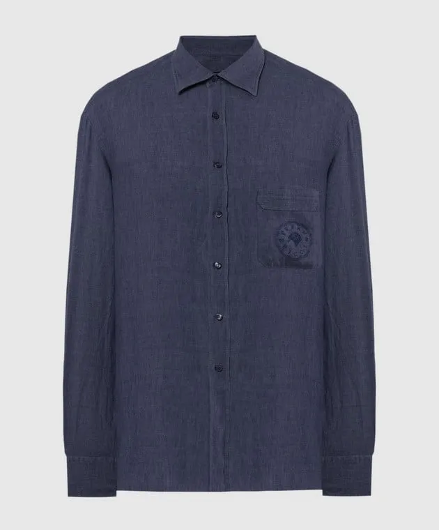 Stefano Ricci Blue linen shirt with logo emblem embroidery