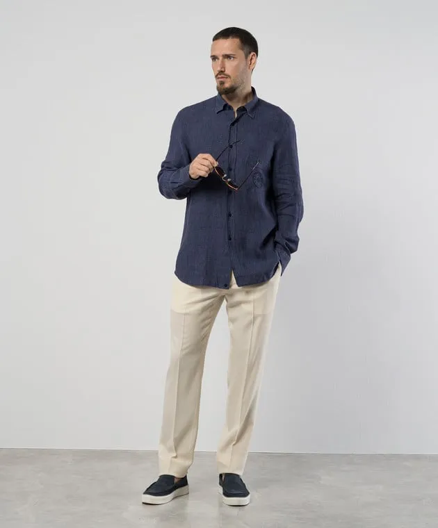 Stefano Ricci Blue linen shirt with logo emblem embroidery