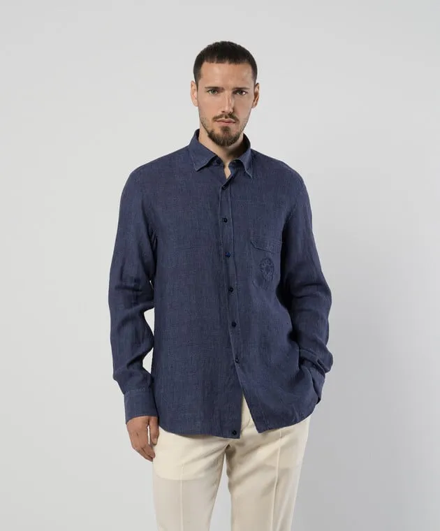 Stefano Ricci Blue linen shirt with logo emblem embroidery