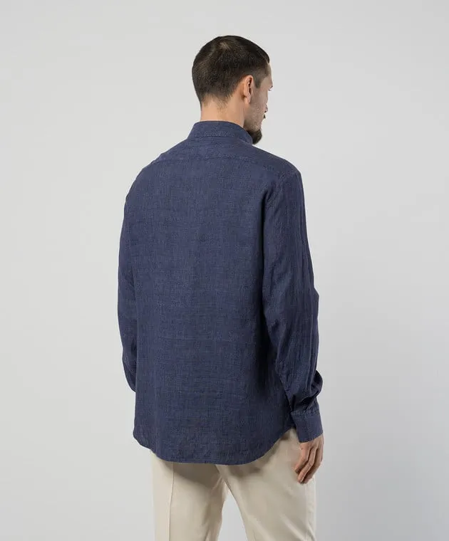 Stefano Ricci Blue linen shirt with logo emblem embroidery
