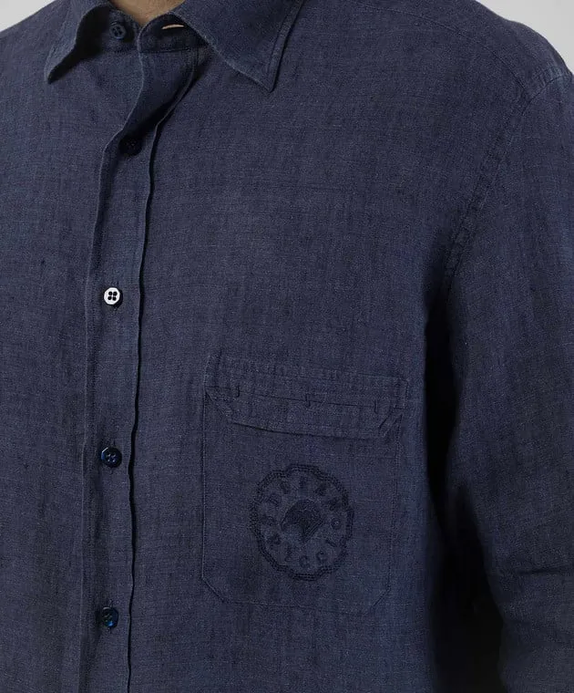 Stefano Ricci Blue linen shirt with logo emblem embroidery