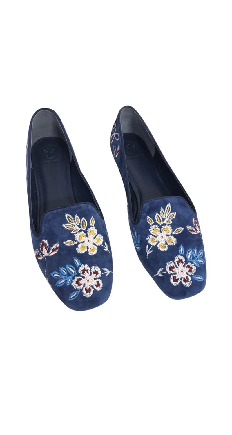 TORY BURCH Blue Embroidered Floral Suede Smoking Slipper Flats