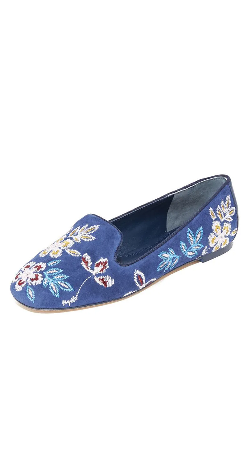 TORY BURCH Blue Embroidered Floral Suede Smoking Slipper Flats